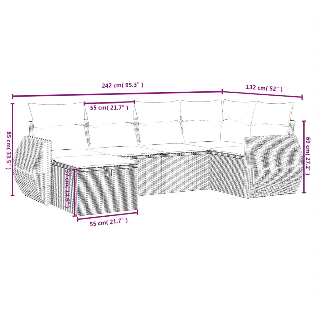 6-tlg. Garten-Sofagarnitur mit Kissen Hellgrau Poly Rattan