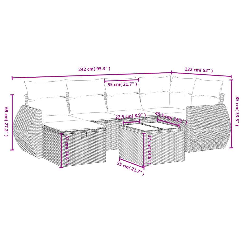 7-tlg. Garten-Sofagarnitur mit Kissen Hellgrau Poly Rattan