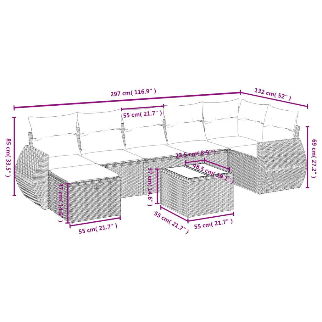 8-tlg. Garten-Sofagarnitur mit Kissen Hellgrau Poly Rattan