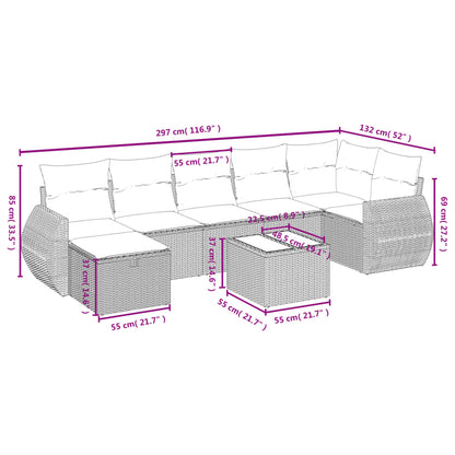 8-tlg. Garten-Sofagarnitur mit Kissen Hellgrau Poly Rattan