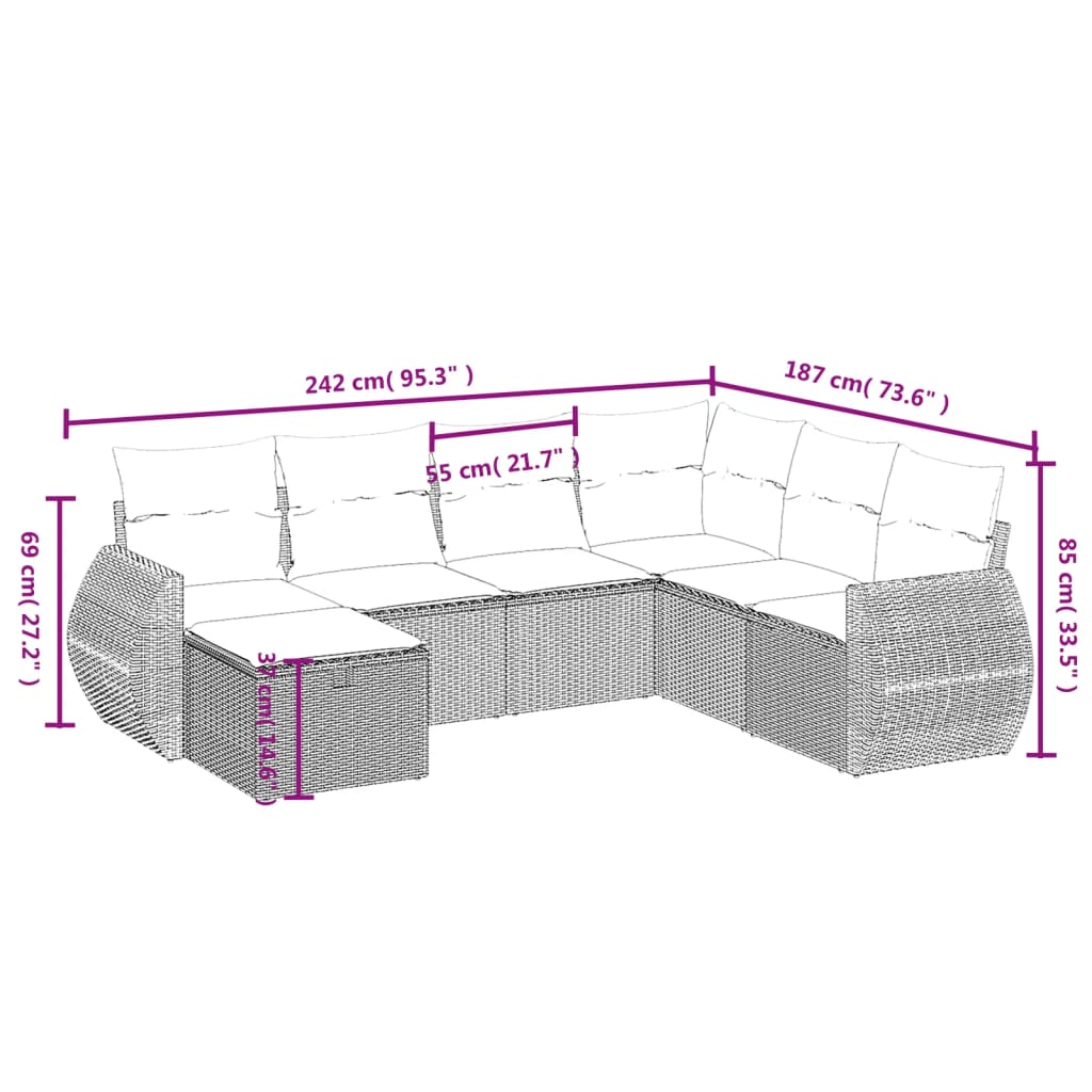 7-tlg. Garten-Sofagarnitur mit Kissen Hellgrau Poly Rattan