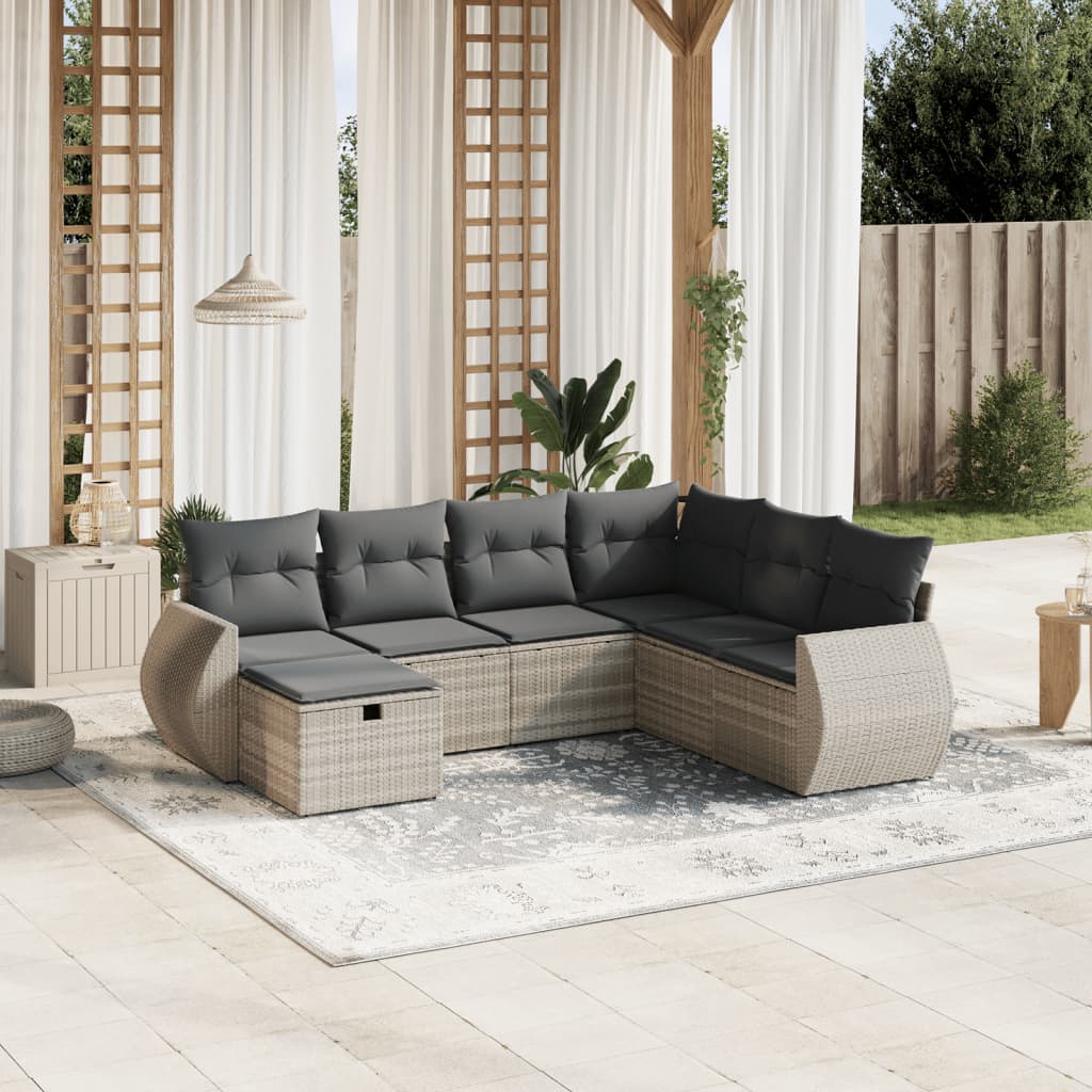 7-tlg. Garten-Sofagarnitur mit Kissen Hellgrau Poly Rattan