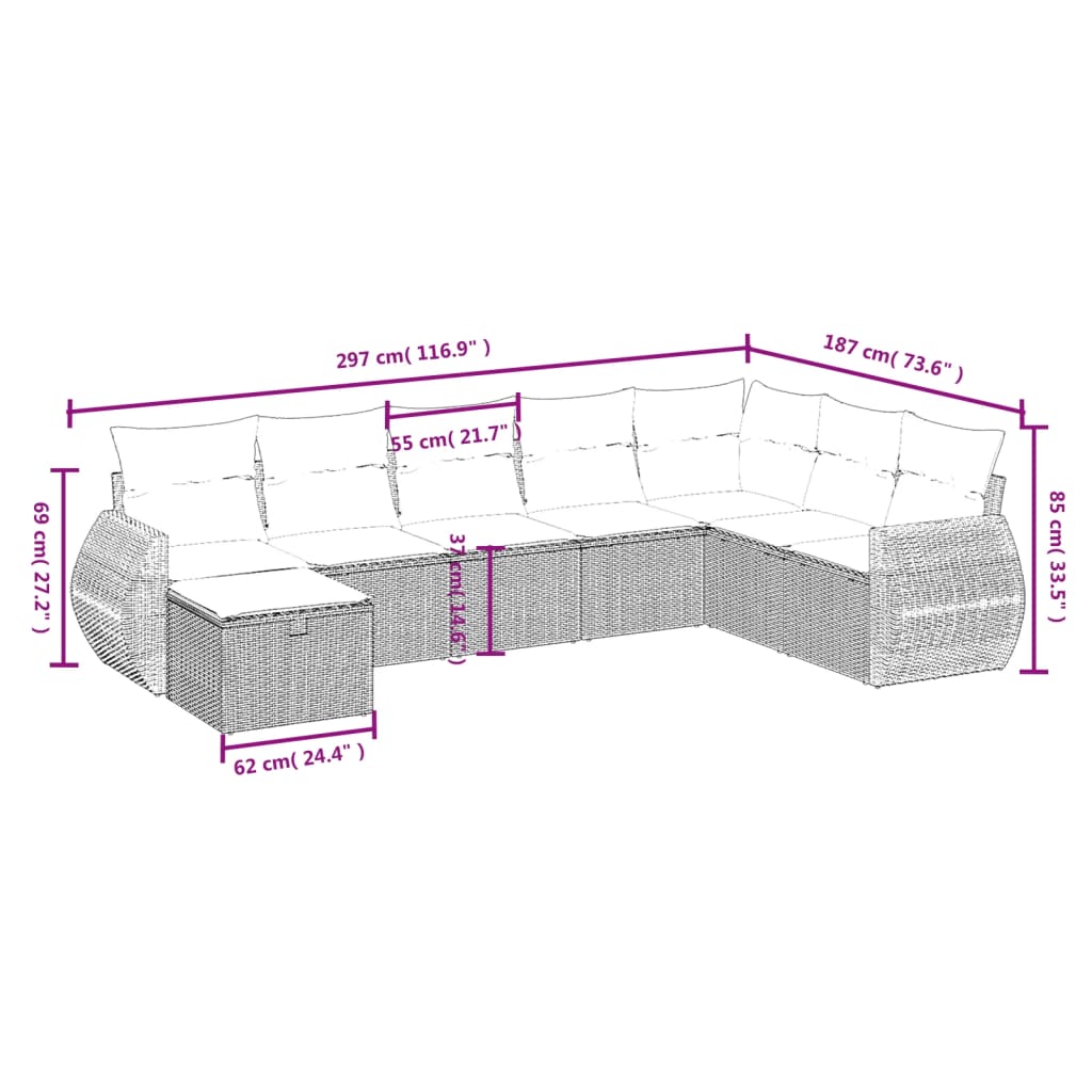 8-tlg. Garten-Sofagarnitur mit Kissen Hellgrau Poly Rattan