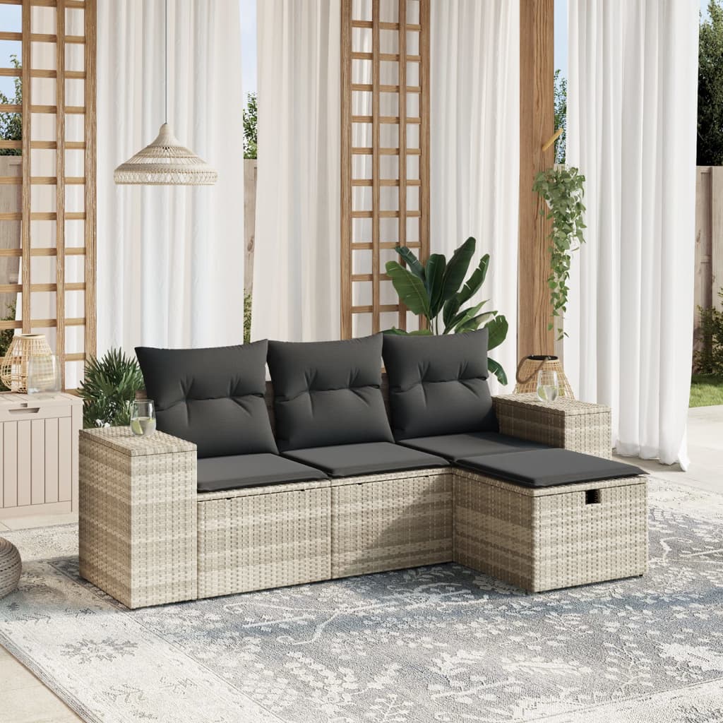 4-tlg. Garten-Sofagarnitur mit Kissen Hellgrau Poly Rattan