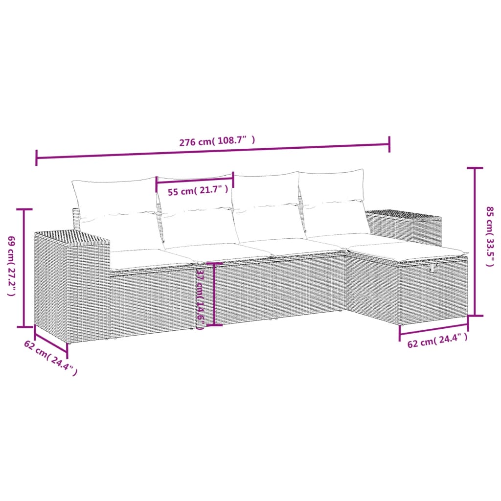 5-tlg. Garten-Sofagarnitur mit Kissen Hellgrau Poly Rattan