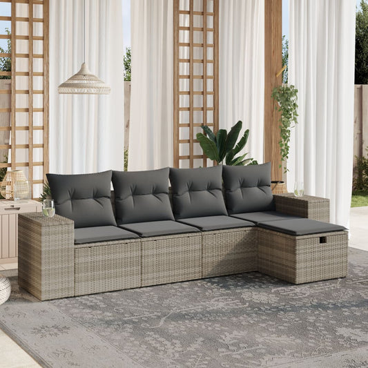 5-tlg. Garten-Sofagarnitur mit Kissen Hellgrau Poly Rattan