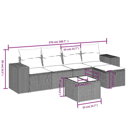 6-tlg. Garten-Sofagarnitur mit Kissen Hellgrau Poly Rattan