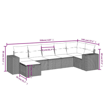 7-tlg. Garten-Sofagarnitur mit Kissen Hellgrau Poly Rattan