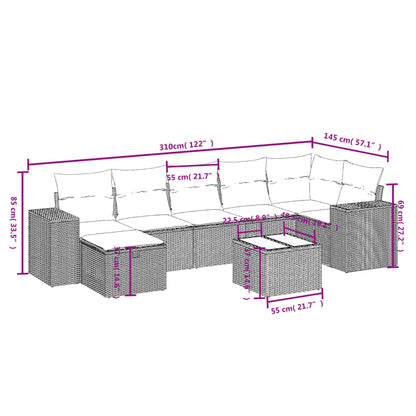 8-tlg. Garten-Sofagarnitur mit Kissen Hellgrau Poly Rattan