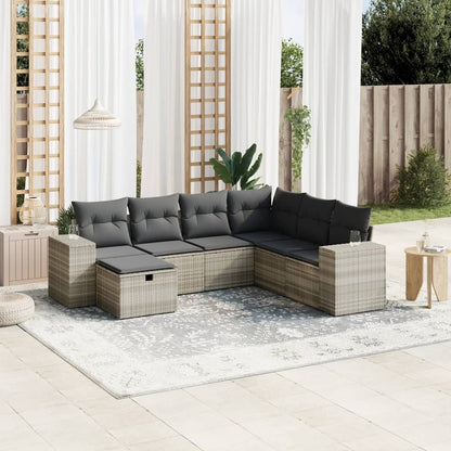 7-tlg. Garten-Sofagarnitur mit Kissen Hellgrau Poly Rattan