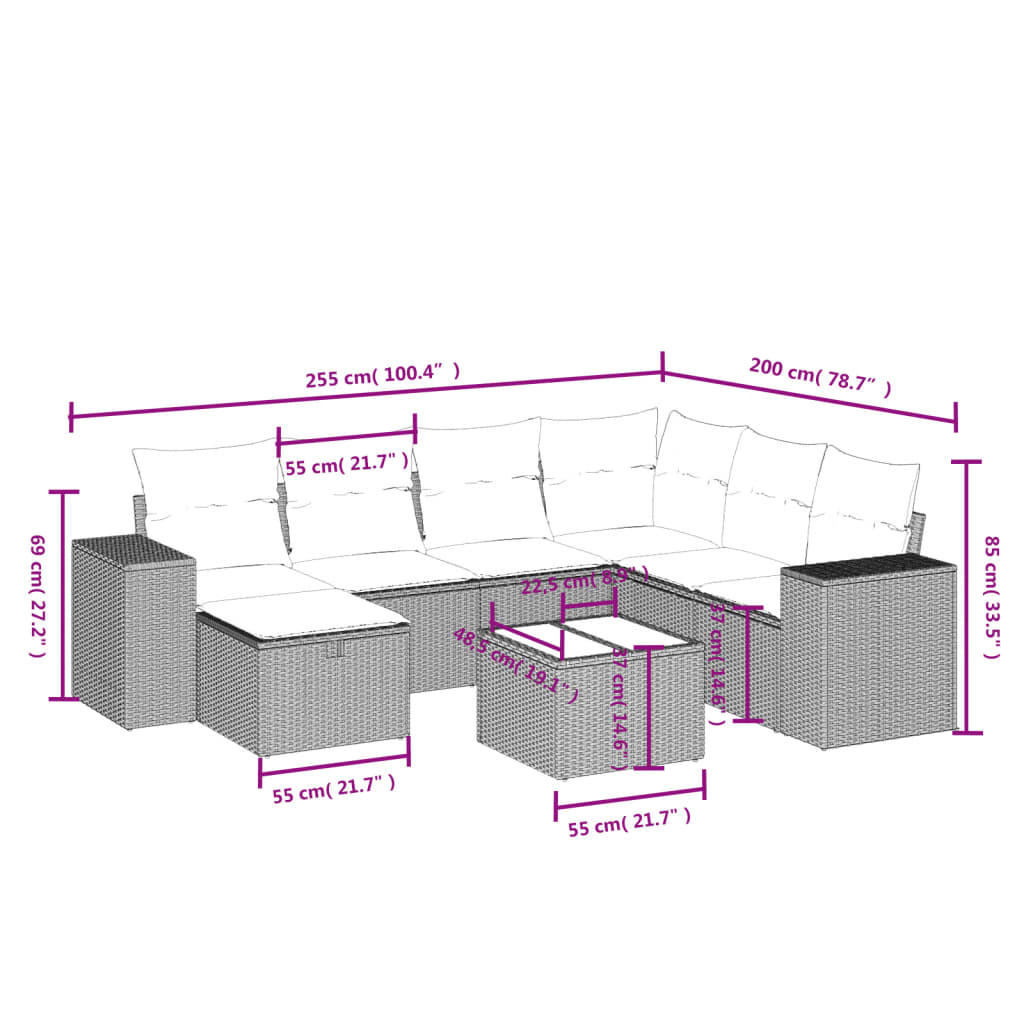 8-tlg. Garten-Sofagarnitur mit Kissen Hellgrau Poly Rattan