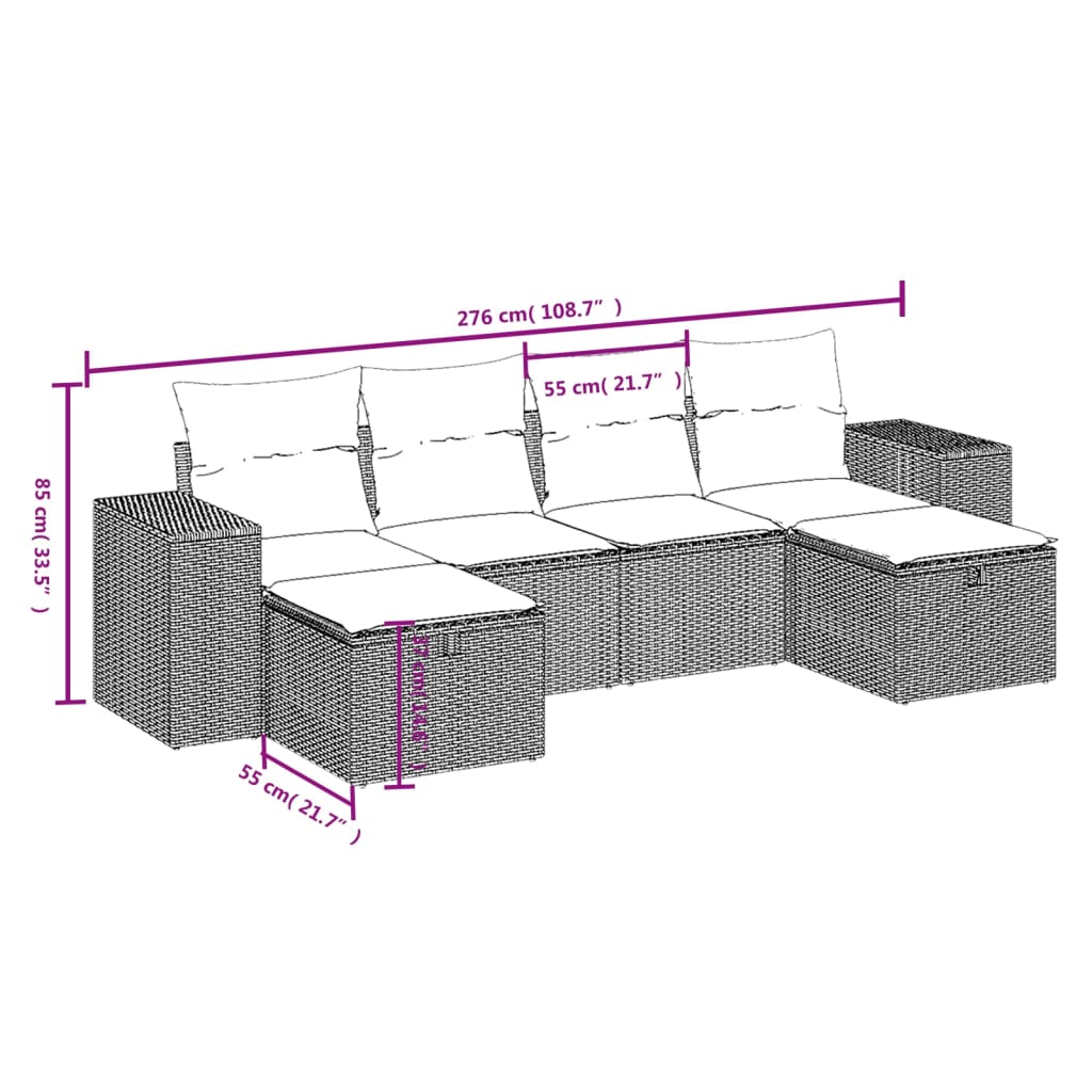 6-tlg. Garten-Sofagarnitur mit Kissen Hellgrau Poly Rattan