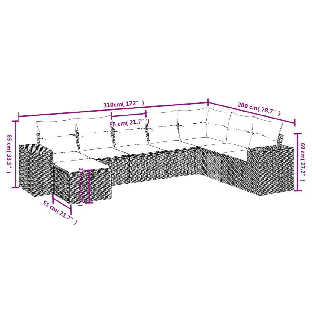 8-tlg. Garten-Sofagarnitur mit Kissen Hellgrau Poly Rattan