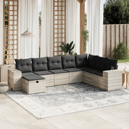 8-tlg. Garten-Sofagarnitur mit Kissen Hellgrau Poly Rattan