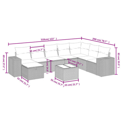 9-tlg. Garten-Sofagarnitur mit Kissen Hellgrau Poly Rattan