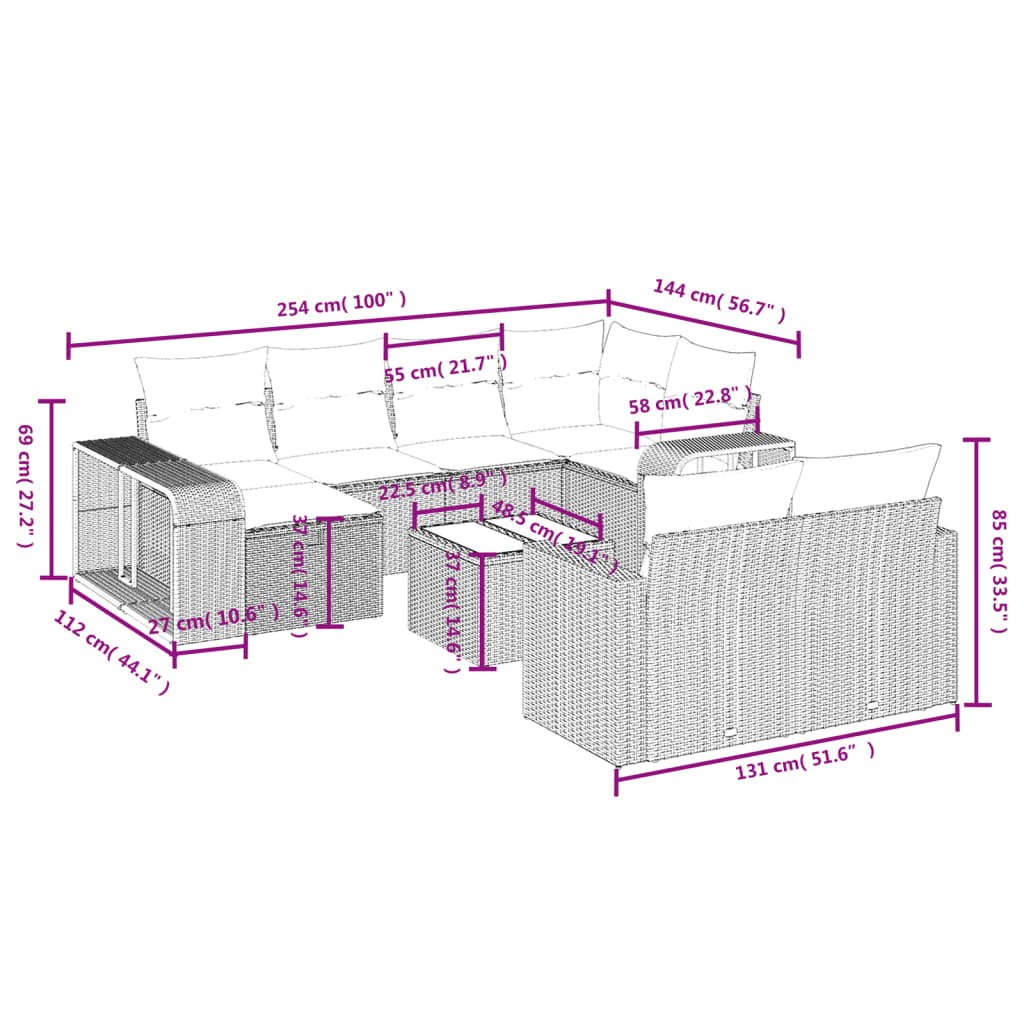 11-tlg. Garten-Sofagarnitur mit Kissen Hellgrau Poly Rattan