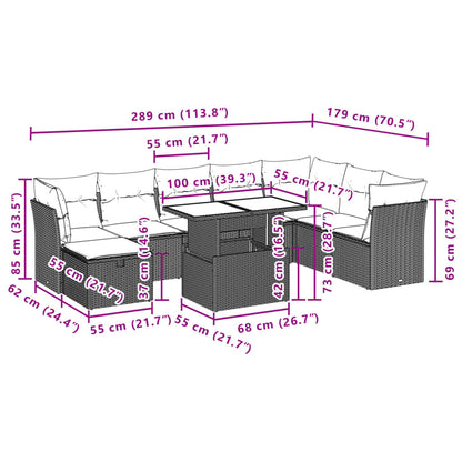 9-tlg. Garten-Sofagarnitur mit Kissen Hellgrau Poly Rattan