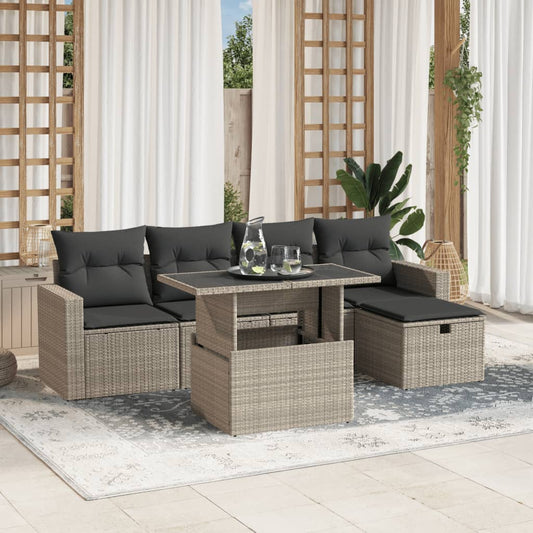 6-tlg. Garten-Sofagarnitur mit Kissen Hellgrau Poly Rattan