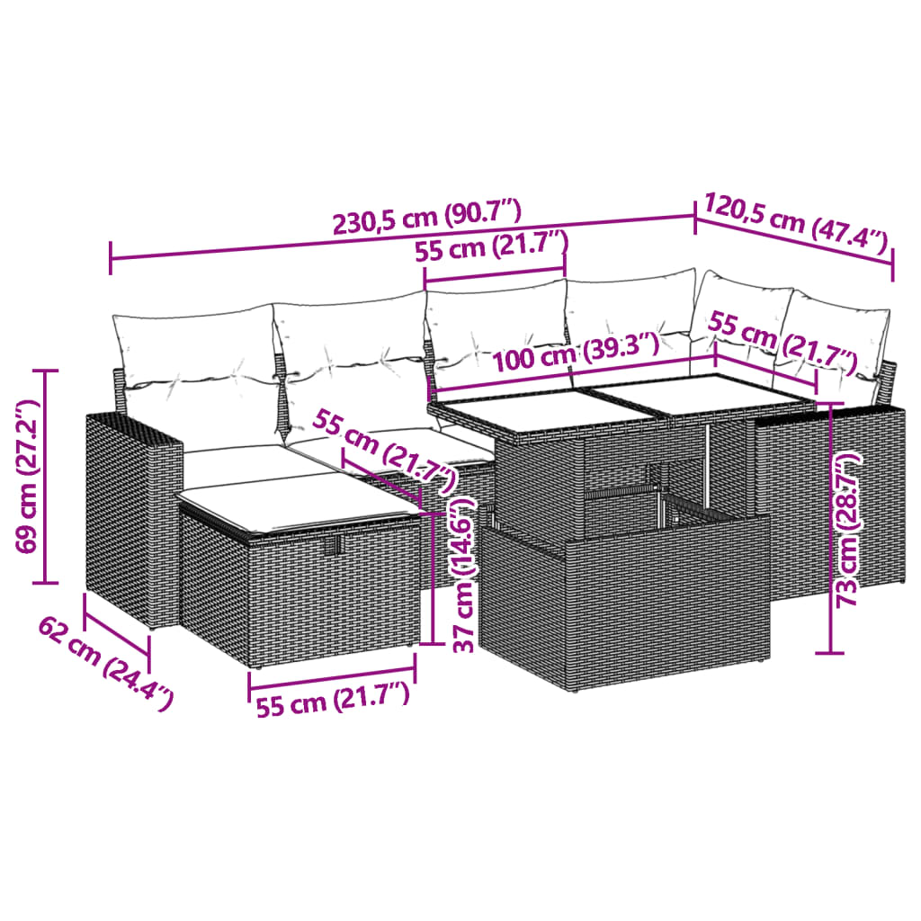 7-tlg. Garten-Sofagarnitur mit Kissen Braun Poly Rattan