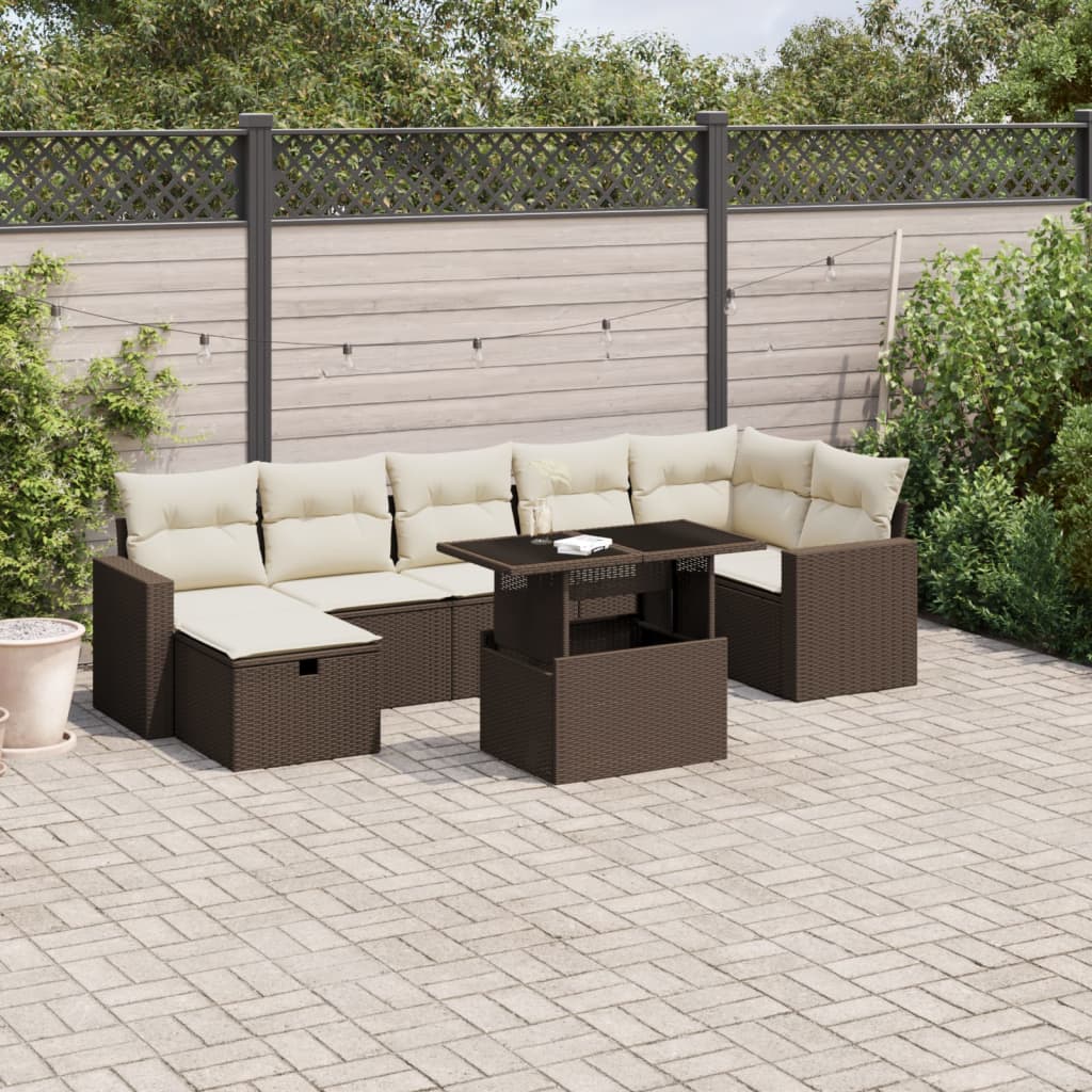 8-tlg. Garten-Sofagarnitur mit Kissen Braun Poly Rattan