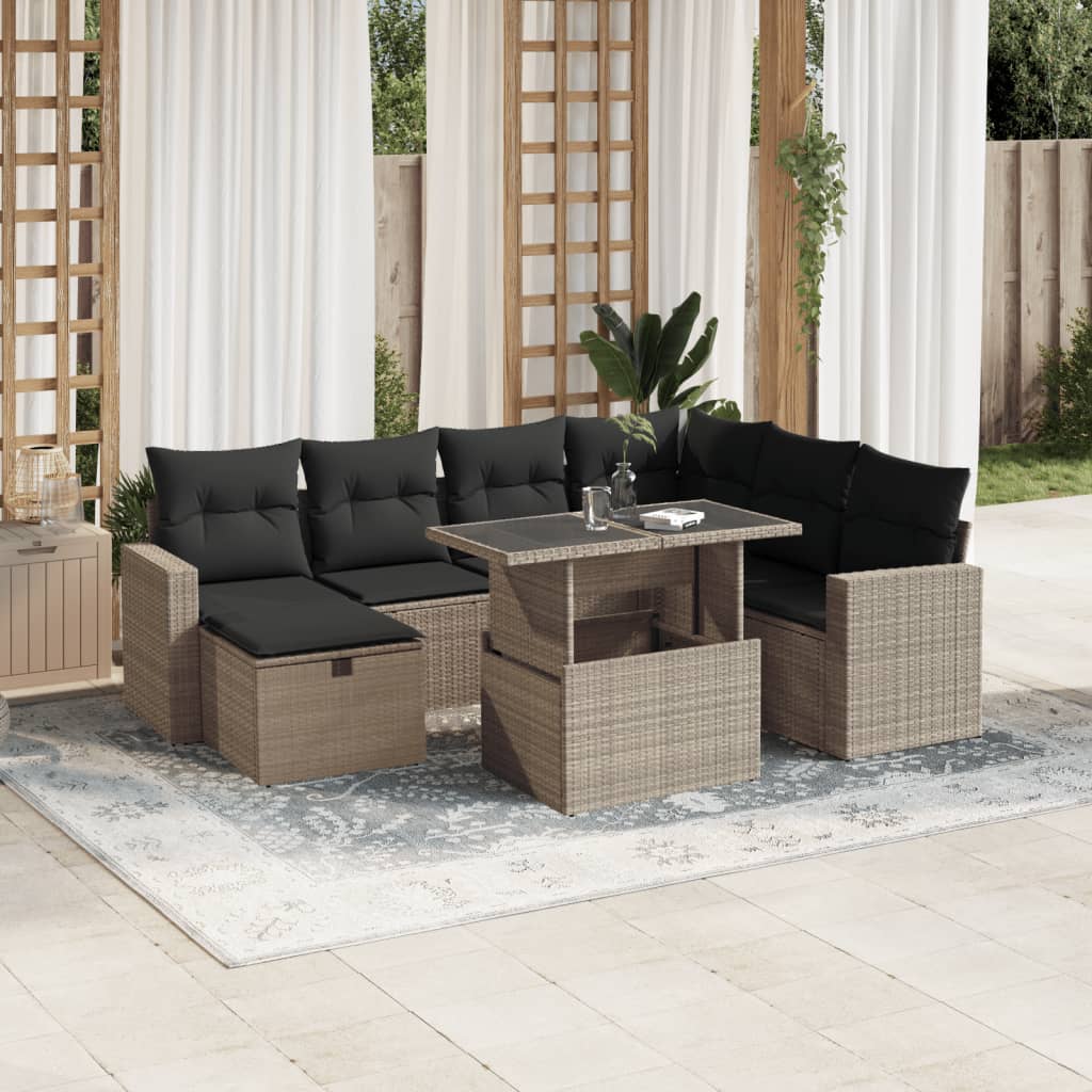 8-tlg. Garten-Sofagarnitur mit Kissen Hellgrau Poly Rattan