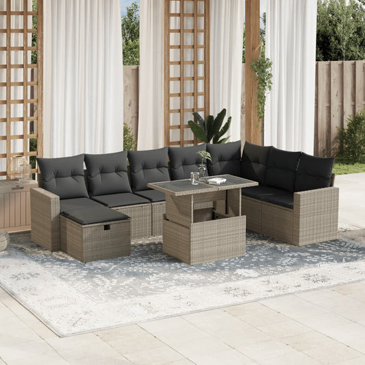 9-tlg. Garten-Sofagarnitur mit Kissen Hellgrau Poly Rattan