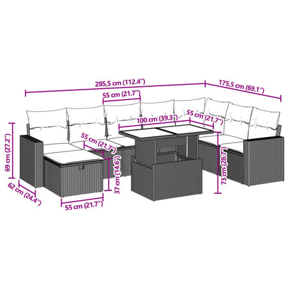 9-tlg. Garten-Sofagarnitur mit Kissen Braun Poly Rattan