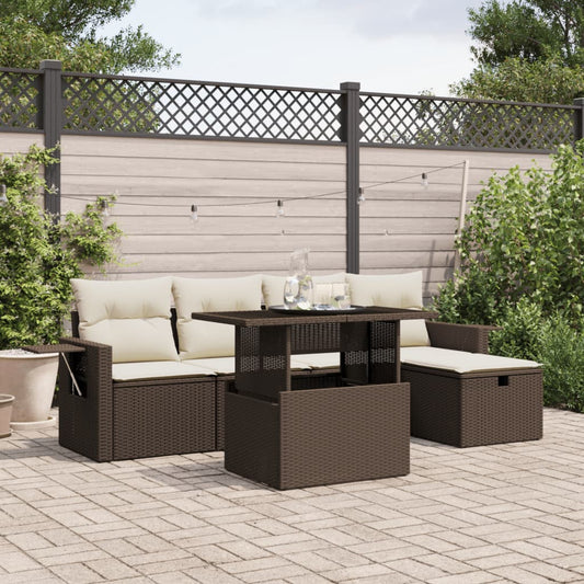 6-tlg. Garten-Sofagarnitur mit Kissen Braun Poly Rattan