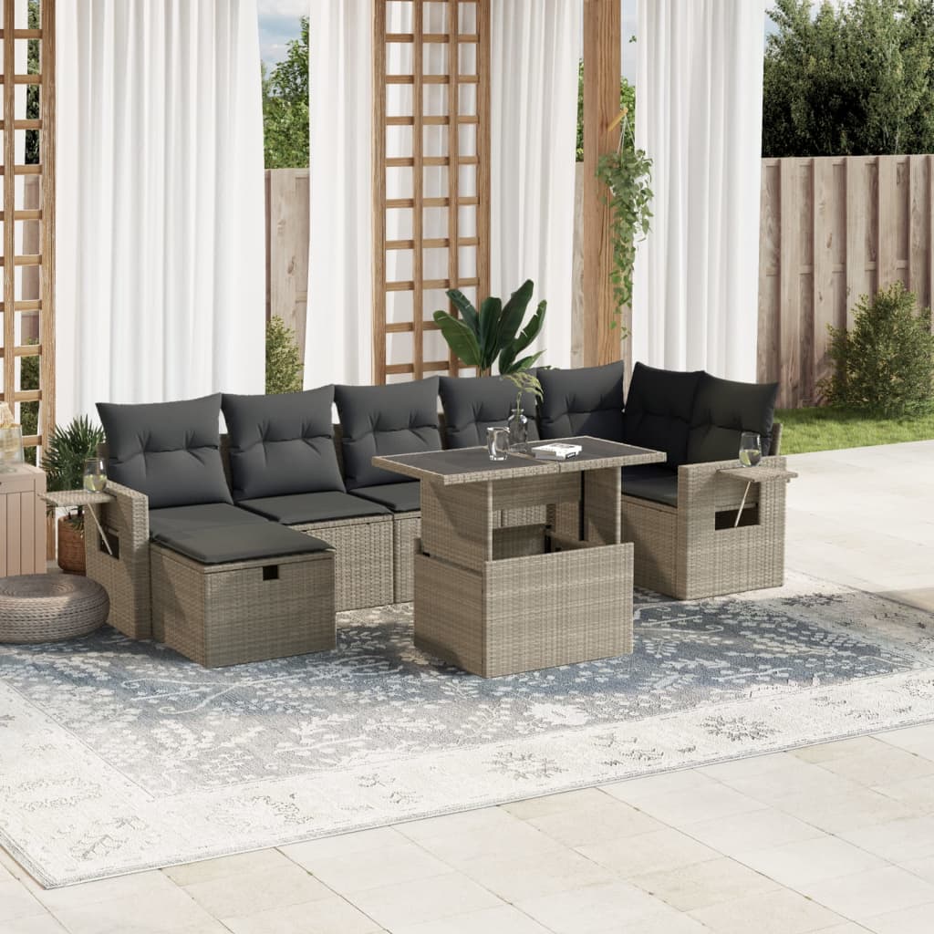 8-tlg. Garten-Sofagarnitur mit Kissen Hellgrau Poly Rattan