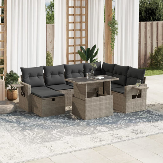 8-tlg. Garten-Sofagarnitur mit Kissen Hellgrau Poly Rattan