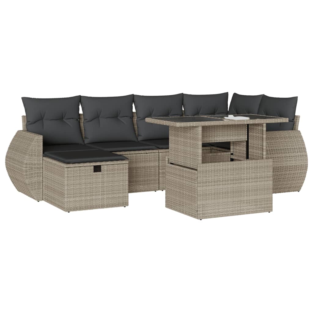 7-tlg. Garten-Sofagarnitur mit Kissen Hellgrau Poly Rattan