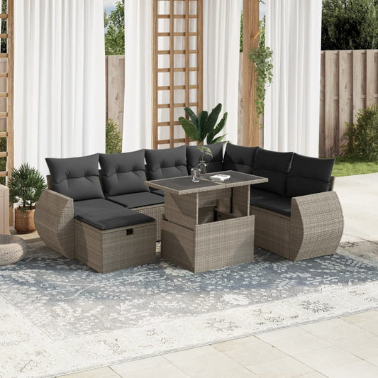 8-tlg. Garten-Sofagarnitur mit Kissen Hellgrau Poly Rattan