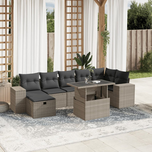 8-tlg. Garten-Sofagarnitur mit Kissen Hellgrau Poly Rattan