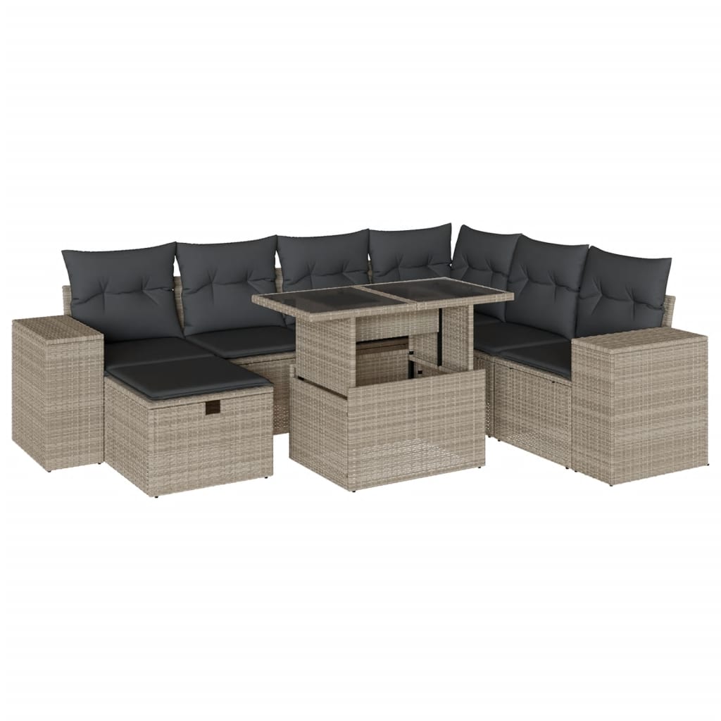 8-tlg. Garten-Sofagarnitur mit Kissen Hellgrau Poly Rattan