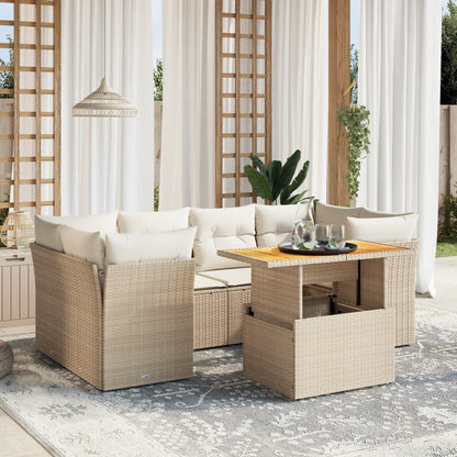 7-tlg. Garten-Sofagarnitur mit Kissen Beige Poly Rattan