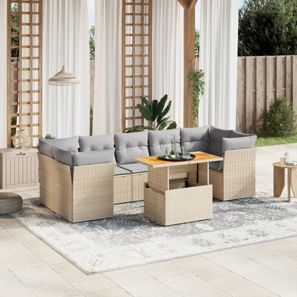 8-tlg. Garten-Sofagarnitur mit Kissen Beige Poly Rattan