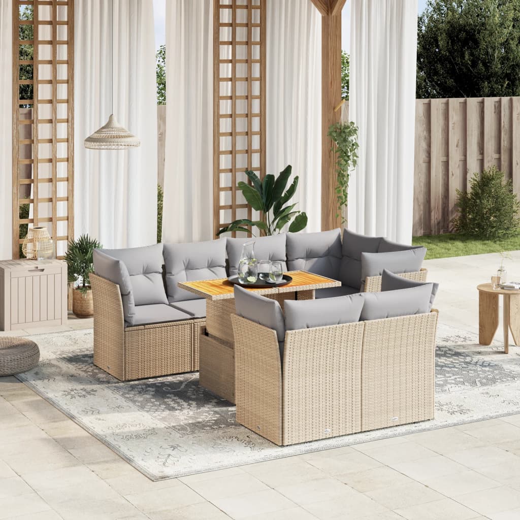 8-tlg. Garten-Sofagarnitur mit Kissen Beige Poly Rattan