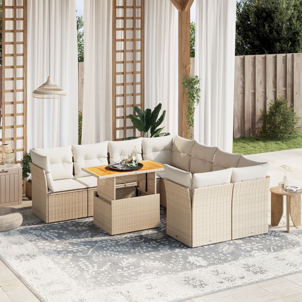 9-tlg. Garten-Sofagarnitur mit Kissen Beige Poly Rattan