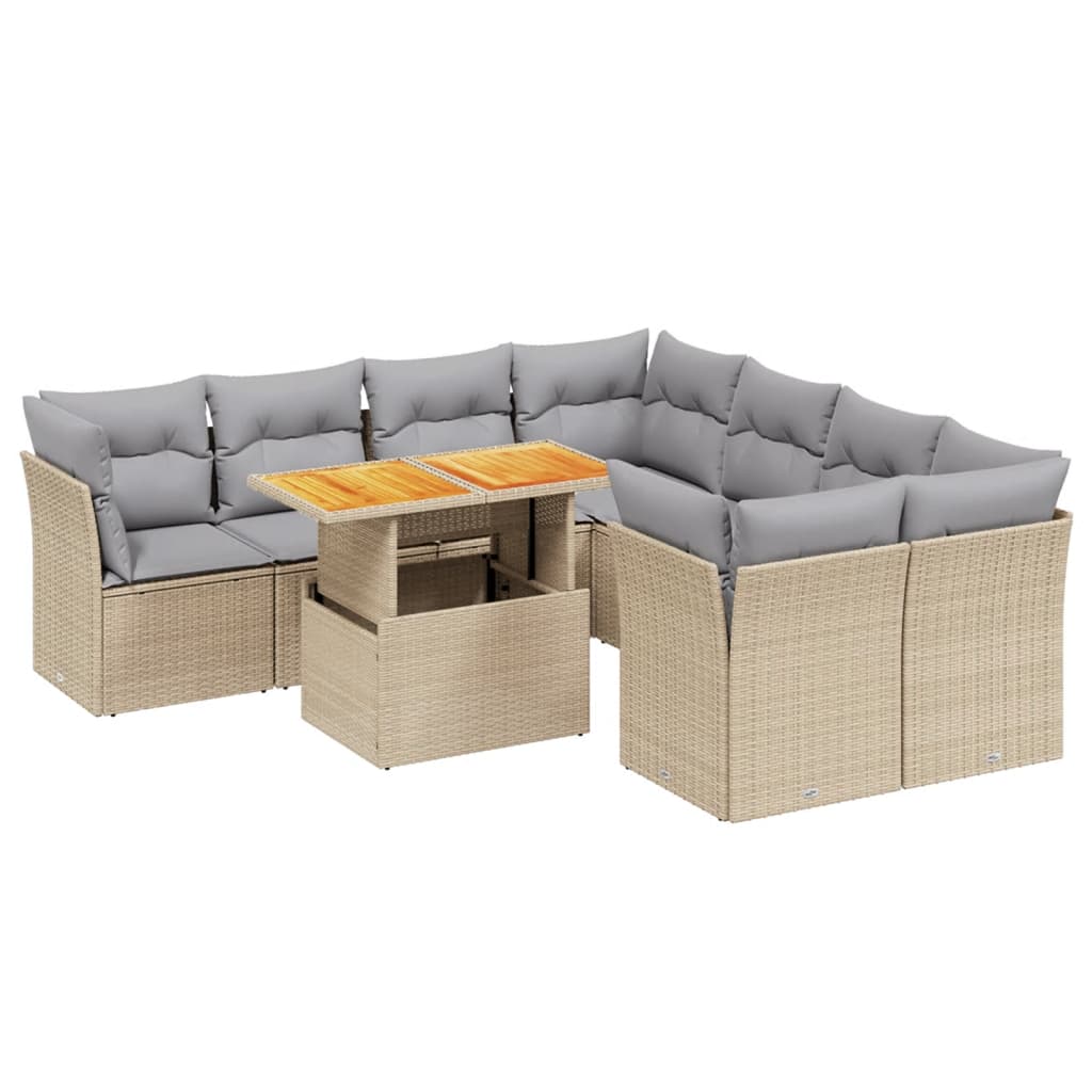 9-tlg. Garten-Sofagarnitur mit Kissen Beige Poly Rattan