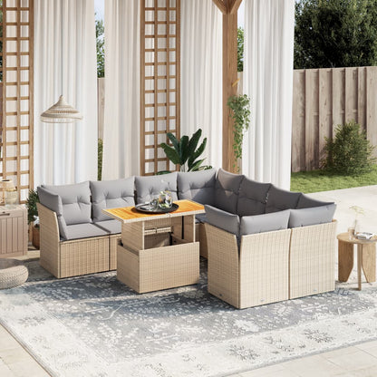 9-tlg. Garten-Sofagarnitur mit Kissen Beige Poly Rattan