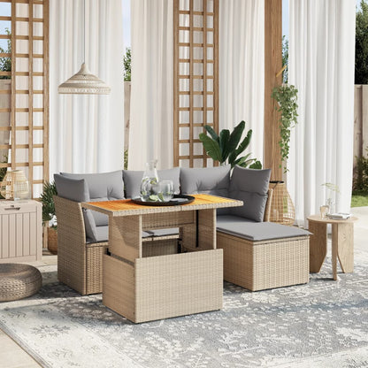 6-tlg. Garten-Sofagarnitur mit Kissen Beige Poly Rattan