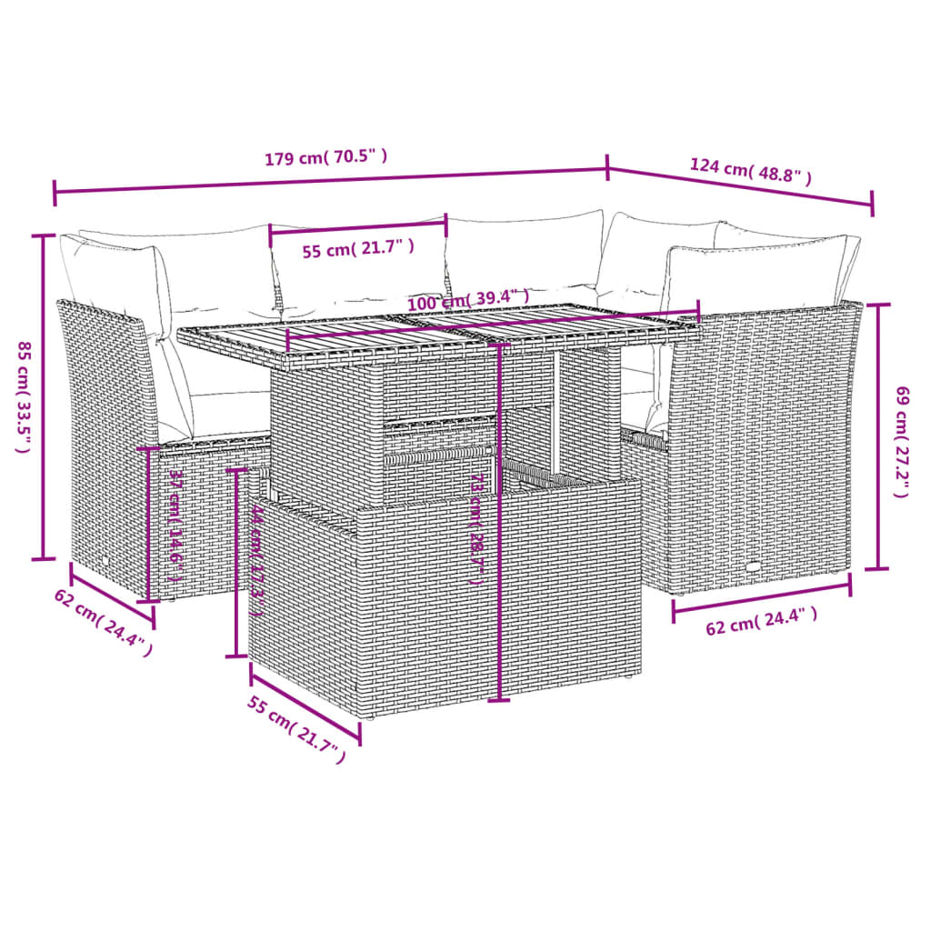 5-tlg. Garten-Sofagarnitur mit Kissen Beige Poly Rattan