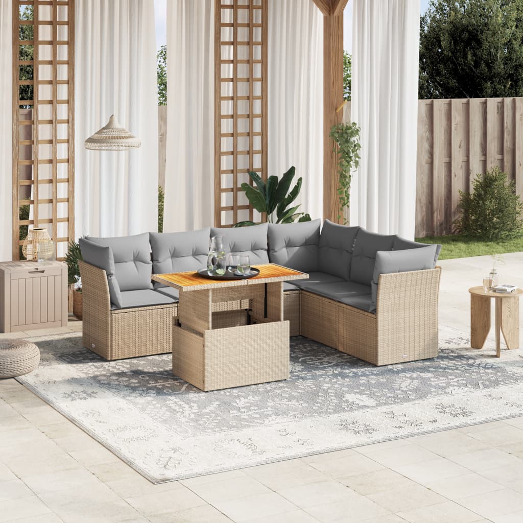 7-tlg. Garten-Sofagarnitur mit Kissen Beige Poly Rattan