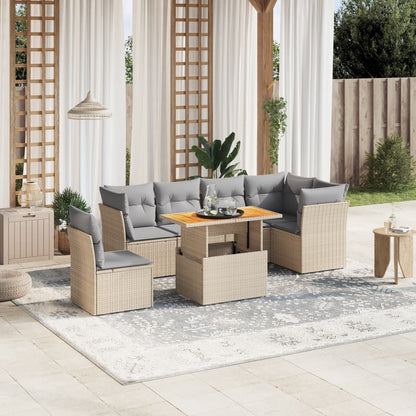 7-tlg. Garten-Sofagarnitur mit Kissen Beige Poly Rattan