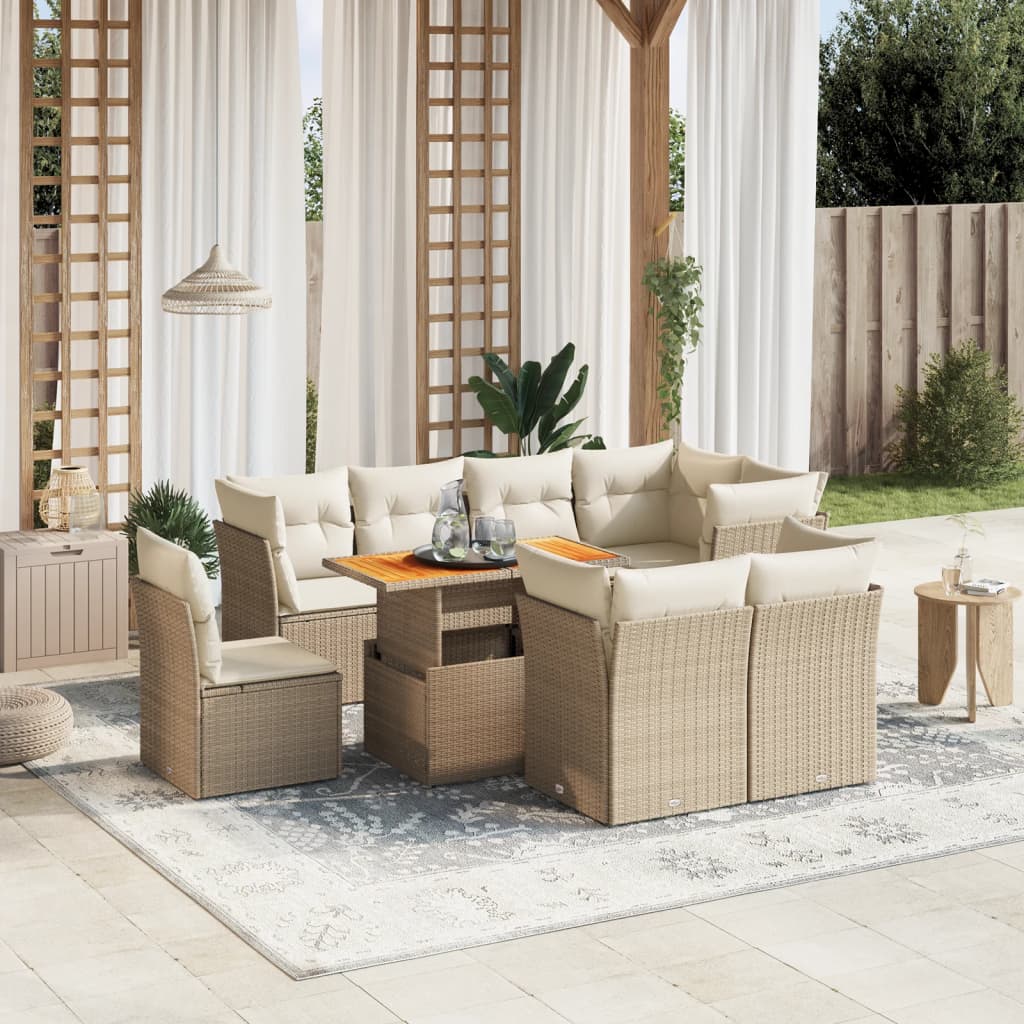 9-tlg. Garten-Sofagarnitur mit Kissen Beige Poly Rattan