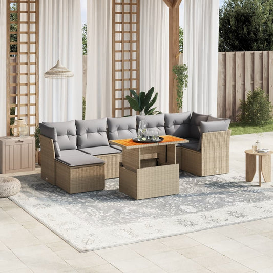 8-tlg. Garten-Sofagarnitur mit Kissen Beige Poly Rattan