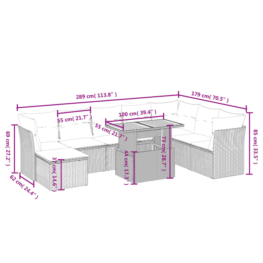 9-tlg. Garten-Sofagarnitur mit Kissen Beige Poly Rattan