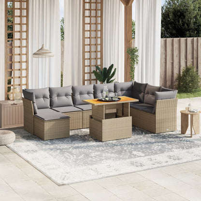 9-tlg. Garten-Sofagarnitur mit Kissen Beige Poly Rattan