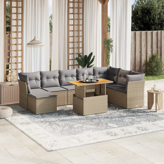 9-tlg. Garten-Sofagarnitur mit Kissen Beige Poly Rattan