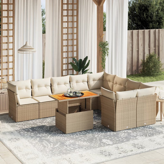 10-tlg. Garten-Sofagarnitur mit Kissen Beige Poly Rattan